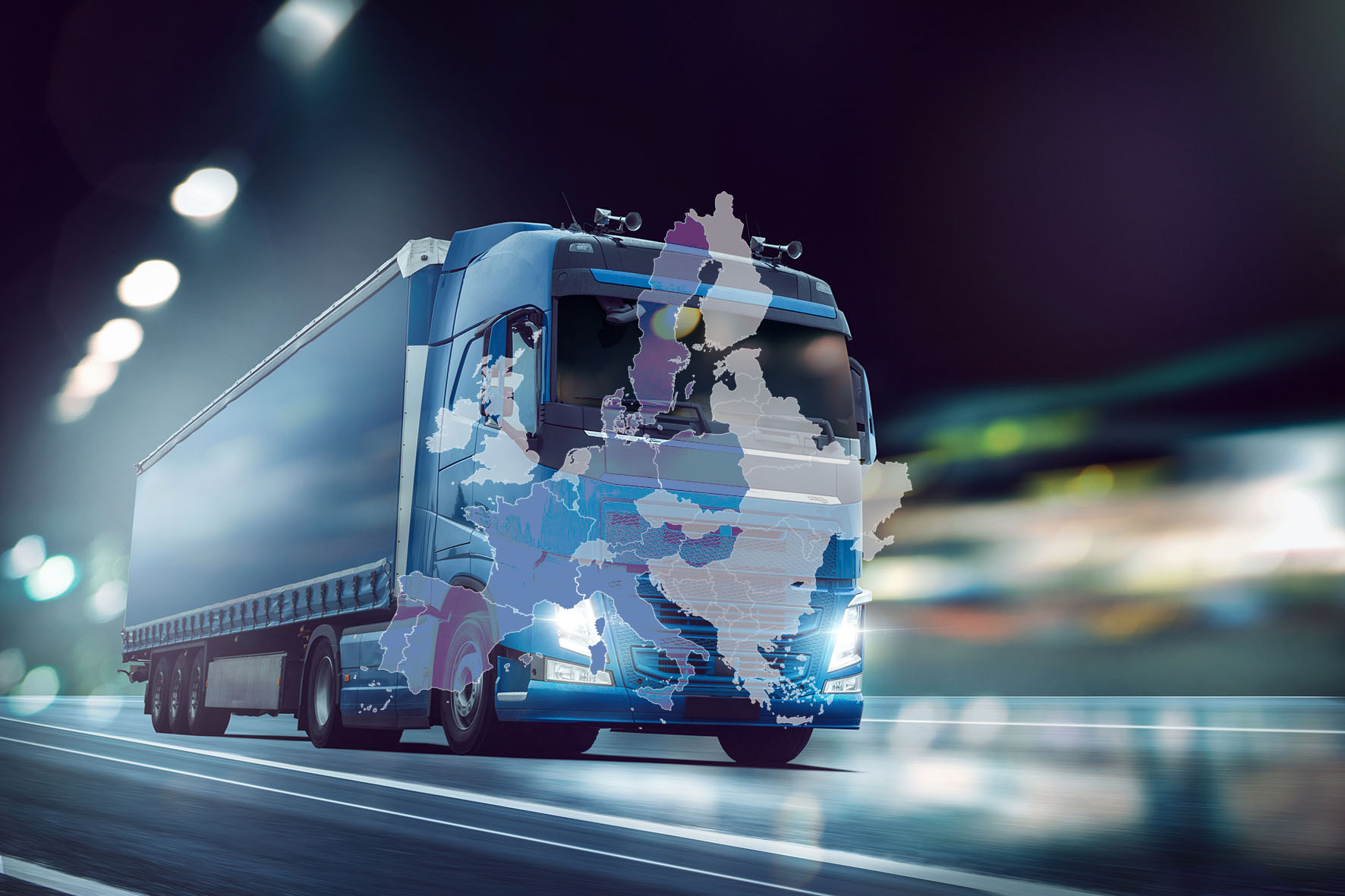 Camion poids lourd avec la carte des pays européens qui sont compris dans notre offre Europe avec le badge B'Moov