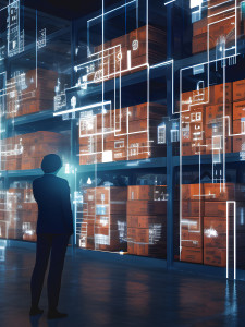 Personne dans son entrepôt qui regarde son stock avec l'aide des nouvelles technologies.